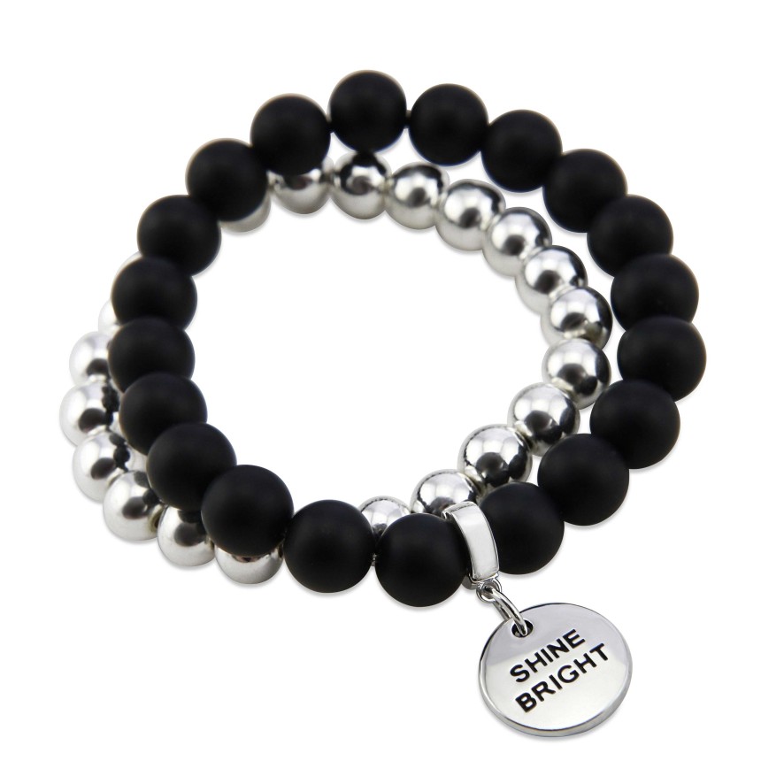 Jewellery Bracelets | Bracelet Duo! Silver & Matt Black Onyx Bead Bracelet Stacker Set - Shine Bright (12055)