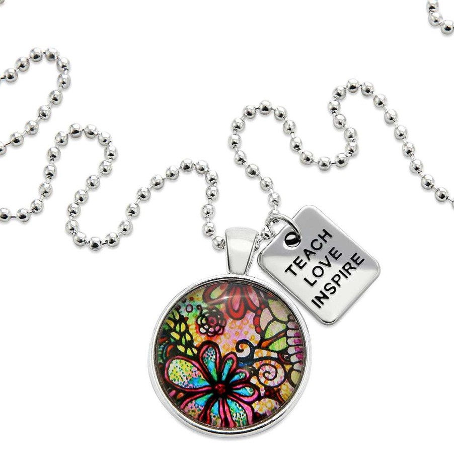 Jewellery Papa Glewy | Spring - 'Teach Love Inspire' Bright Silver Necklace - Flora - (10351)