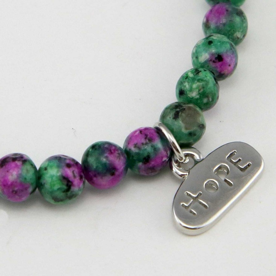 Jewellery Christmas Bracelets | Christmas Bracelet - Pink& Green Speckle Stone 6Mm Bead Bracelet With Silver Word Charm