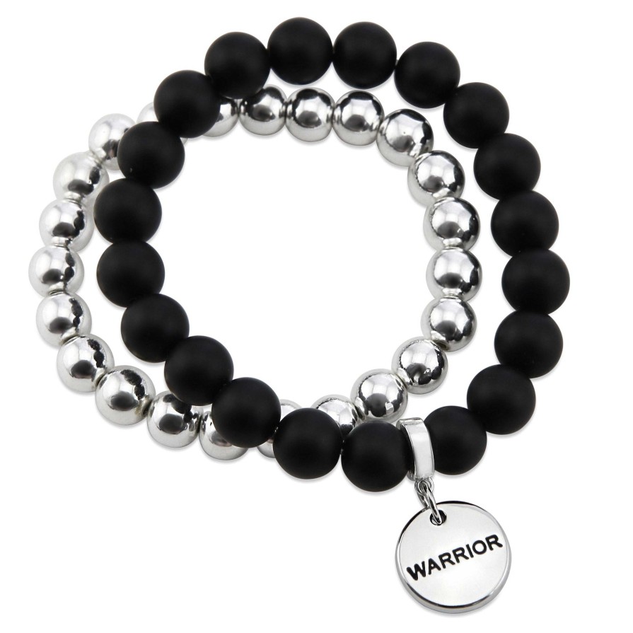 Jewellery Bracelets | Bracelet Duo! Silver & Matt Black Onyx Bead Bracelet Stacker Set - Warrior (12025)