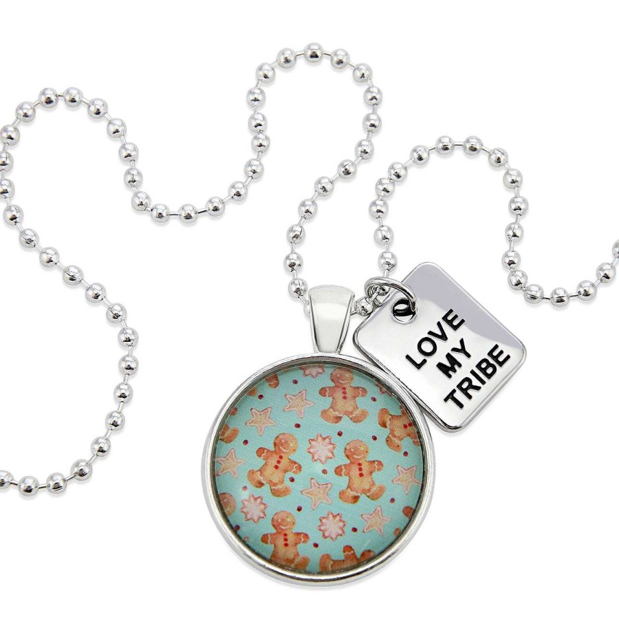 Jewellery Papa Glewy | Christmas - Bright Silver 'Love My Tribe' Necklace - Gingerbread Aqua (10825)