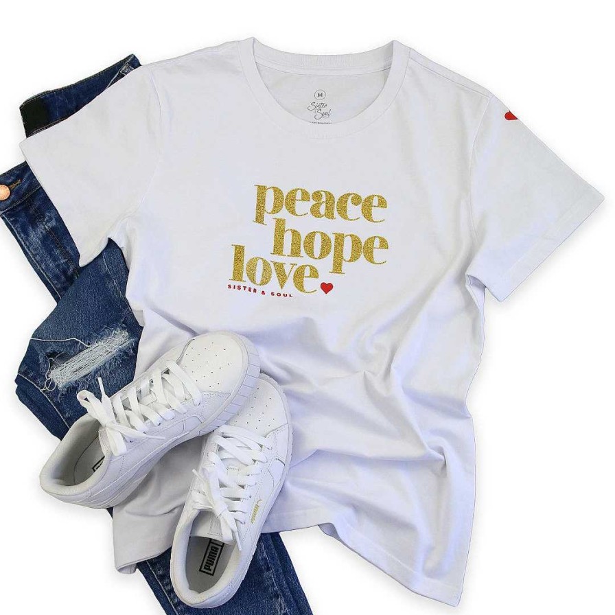 Apparel Tees Tanks & Totes | Peace Hope Love - Boxy Tee - White With Gold Glitter Print