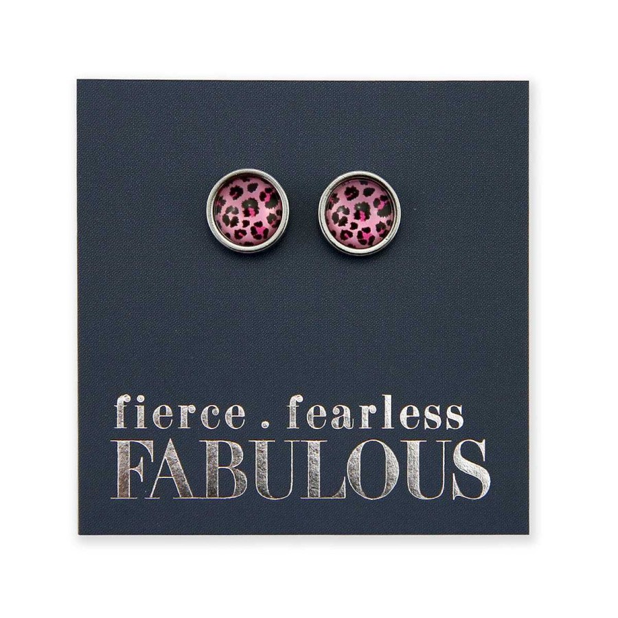 Jewellery Stainless Steel Circle Studs | Fierce Fearless Fabulous - Silver Stainless Steel 8Mm Silver Studs - Pink Leopard (8915-F)