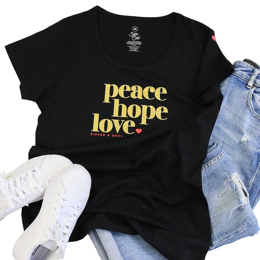 Apparel Tees Tanks & Totes | Peace Hope Love - Scoopy Tee - Black With Gold Glitter Print