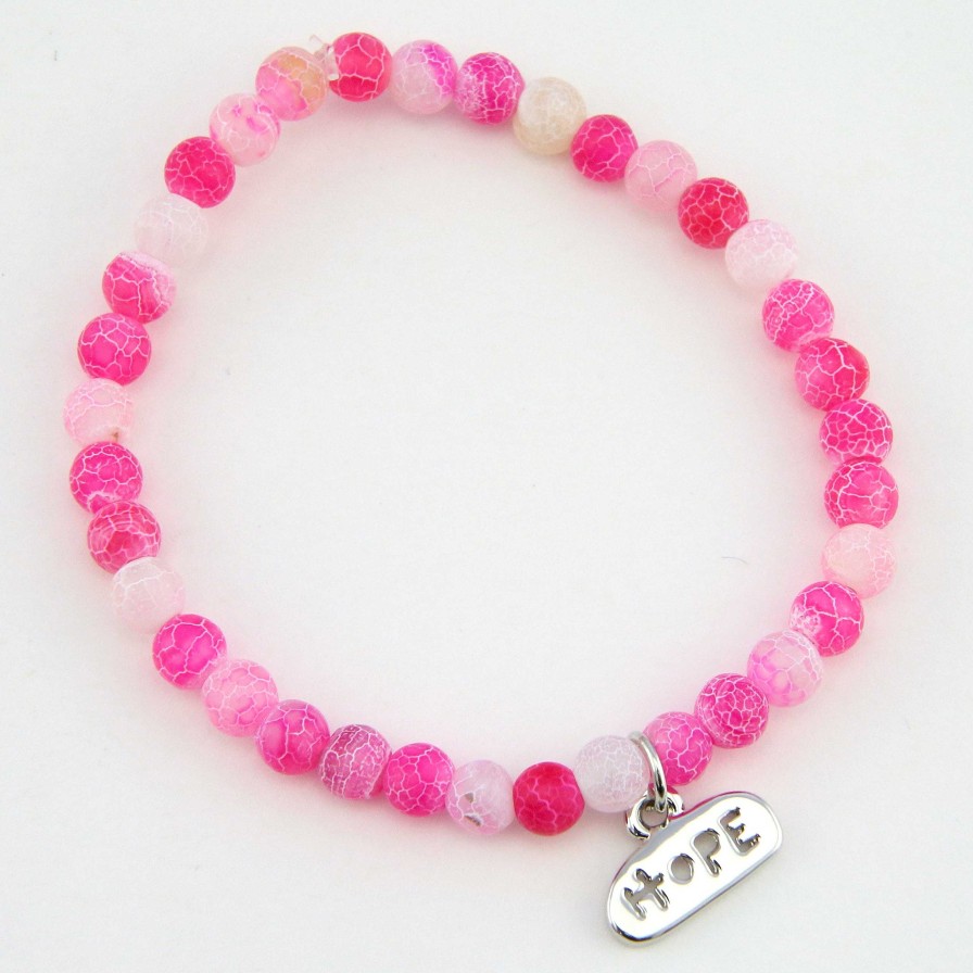 Jewellery Christmas Bracelets | Christmas Bracelet - Pink Crackle 6Mm Bracelet With Bright Silver Word Charm