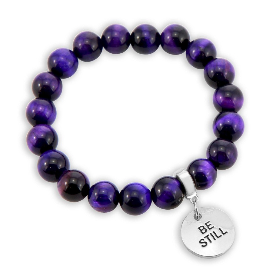 Jewellery Bracelets | Precious Stones - Deep Purple Tigers Eye 10Mm Bead Bracelet - With Word Charms (5008)