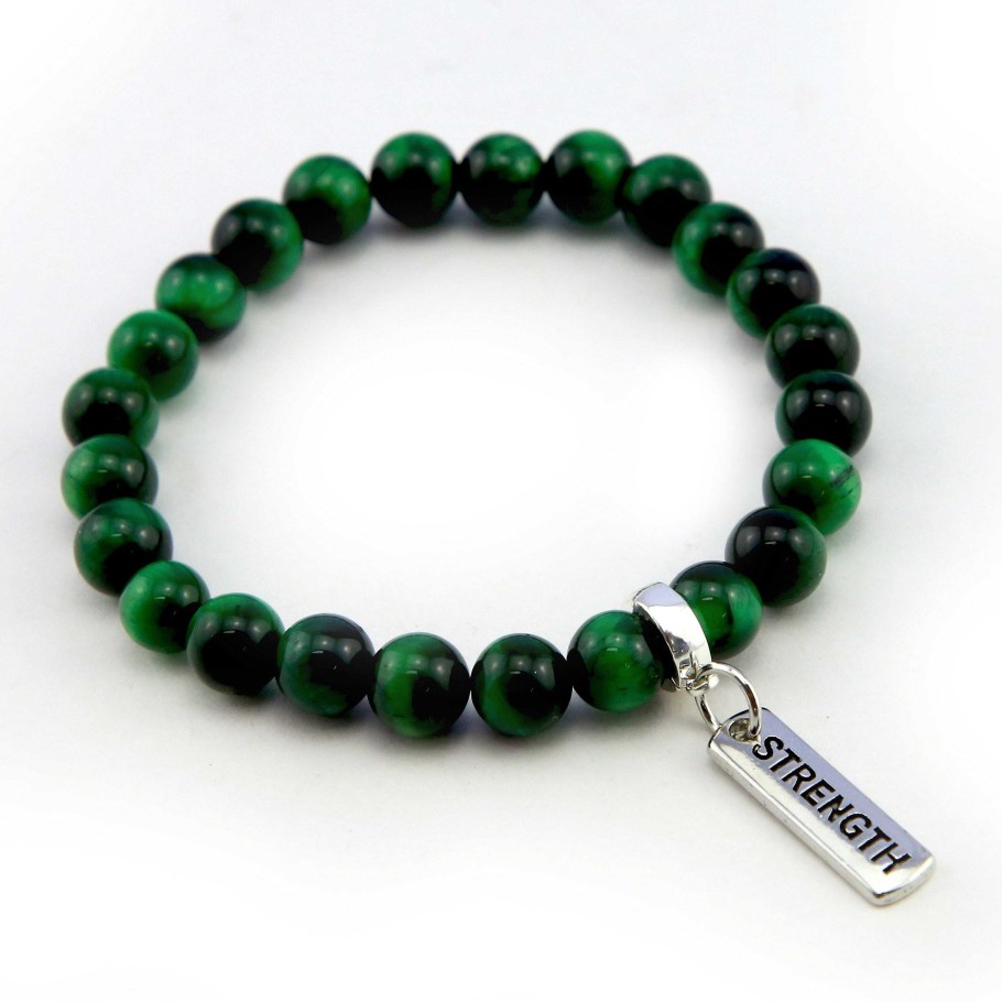 Jewellery Bracelets | Precious Stones - Green Tigers Eye 8Mm Bead Bracelet - With Word Charms