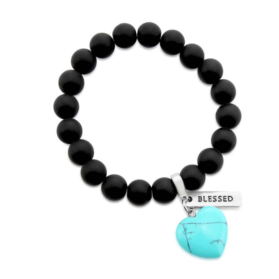 Jewellery Bracelets | Sweetheart Bracelet - 10Mm Matt Black Onyx Stone Beads With Turquoise Heart & Word Charm