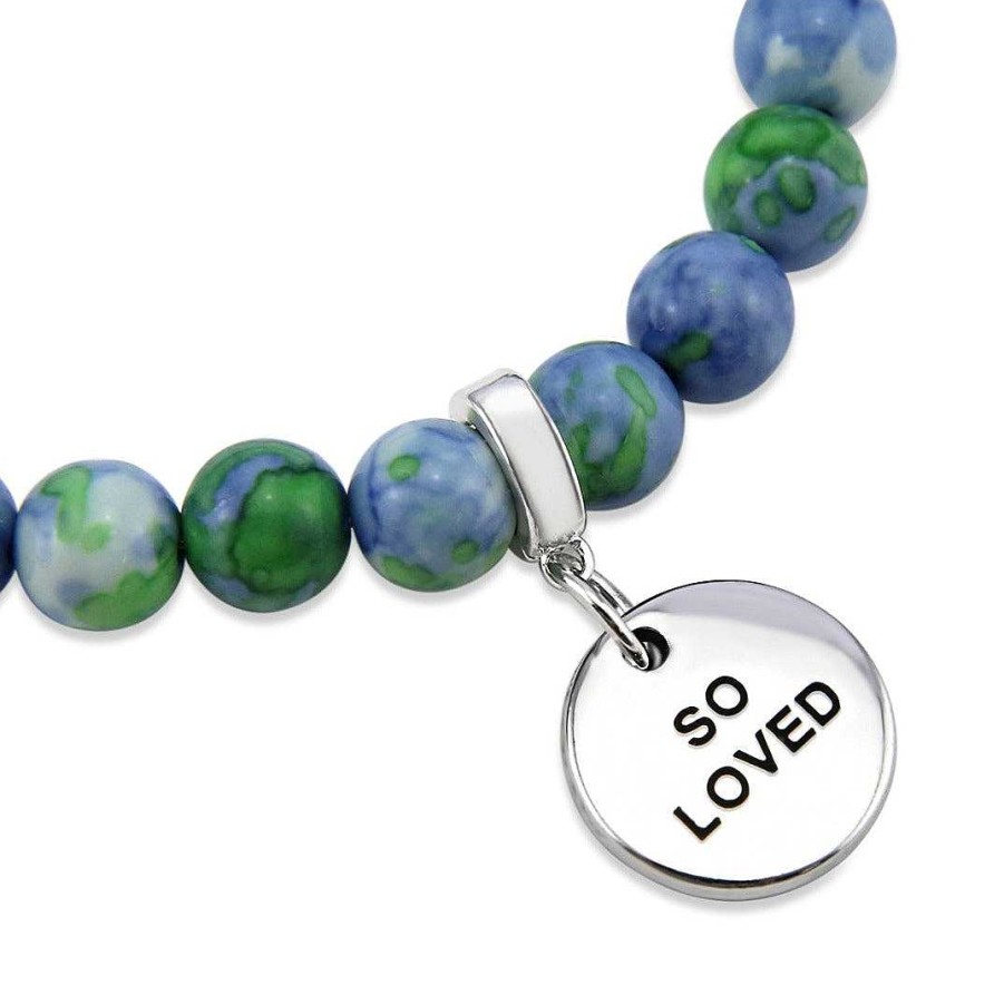 Jewellery Bracelets | Stone Bracelet - Blue & Lime Patch Agate Stone - 8Mm Beads With Silver Word Charm