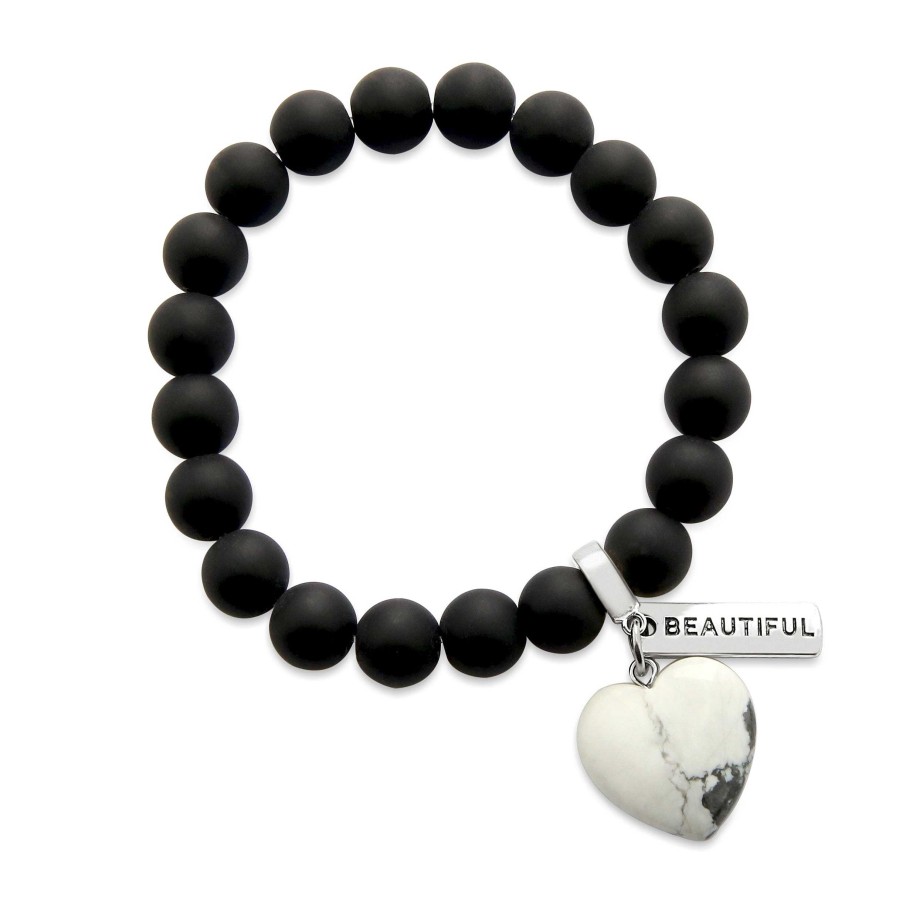 Jewellery Bracelets | Sweetheart Bracelet - 10Mm Matt Black Onyx Stone Beads With White Marble Heart & Word Charm