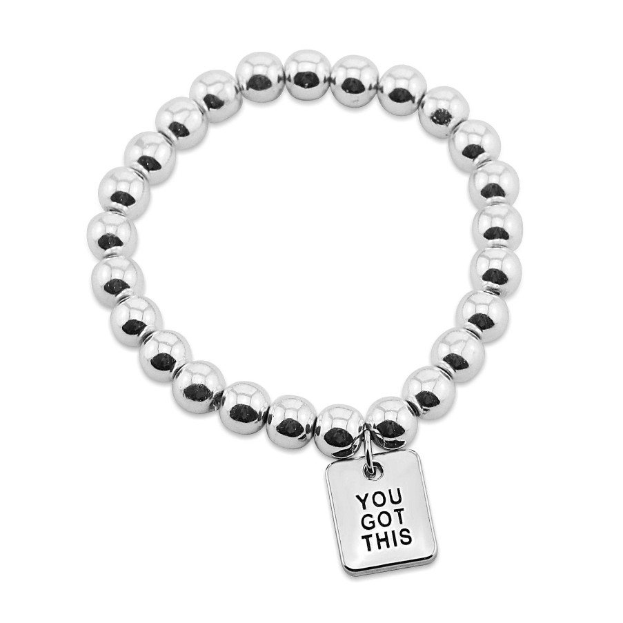 Jewellery Bracelets | The Strong Women Collection Hematite Bracelet 8Mm Beads With Word Charm - Sassy Silver