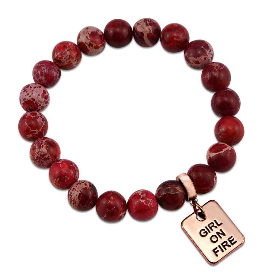 Jewellery Bracelets | Precious Stone Bracelet Imperial Jasper Rouge Red 10Mm Beads - With Rose Gold Word Charms