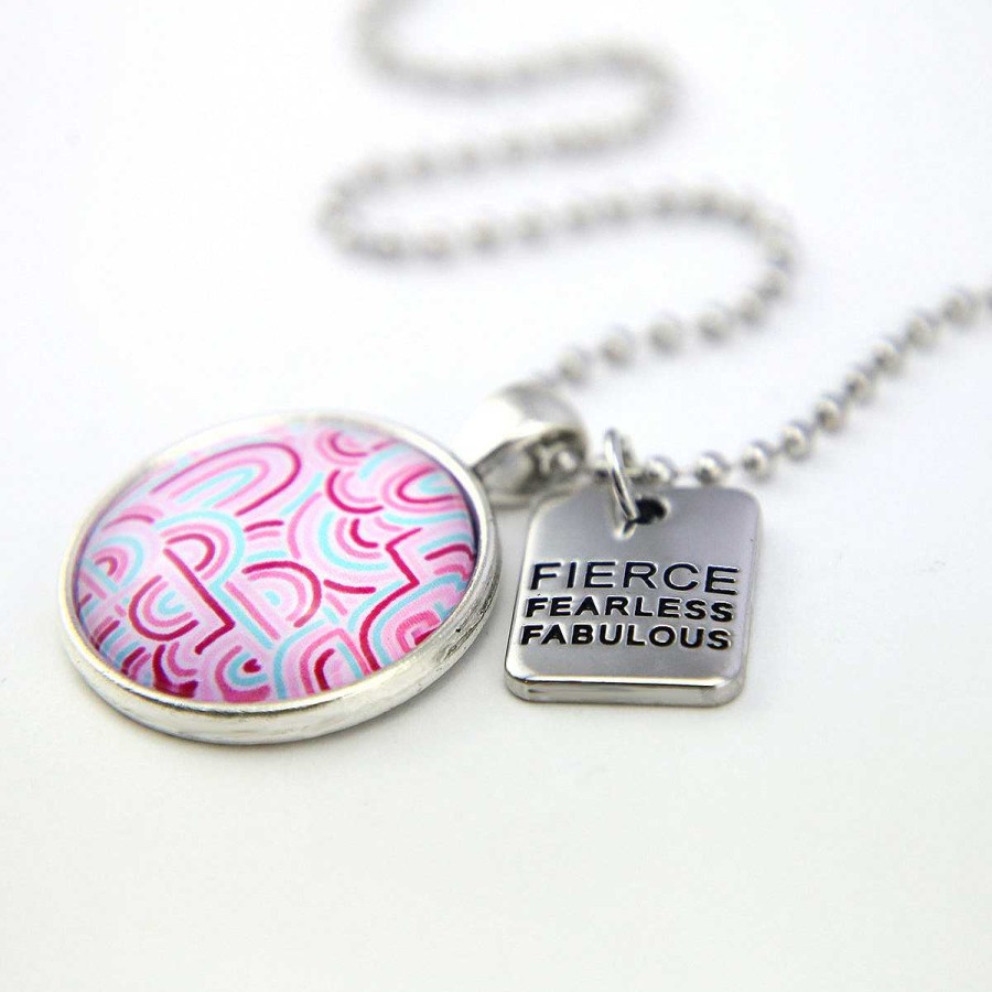 Jewellery Papa Glewy | Pink Collection - Vintage Silver 'Fierce Fearless Fabulous' Necklace - Promise (11241)