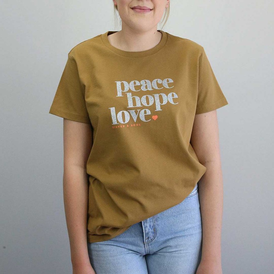 Apparel Tees Tanks & Totes | Peace Hope Love - Boxy Tee - Camel With Silver Glitter Print