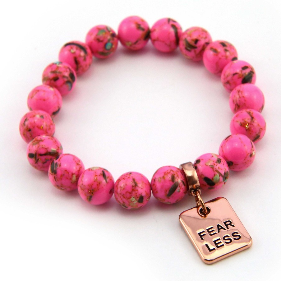 Jewellery Bracelets | Pink Collection - Hot Pink Synthesis 10Mm Bead Bracelet - Rose Gold Word Charms