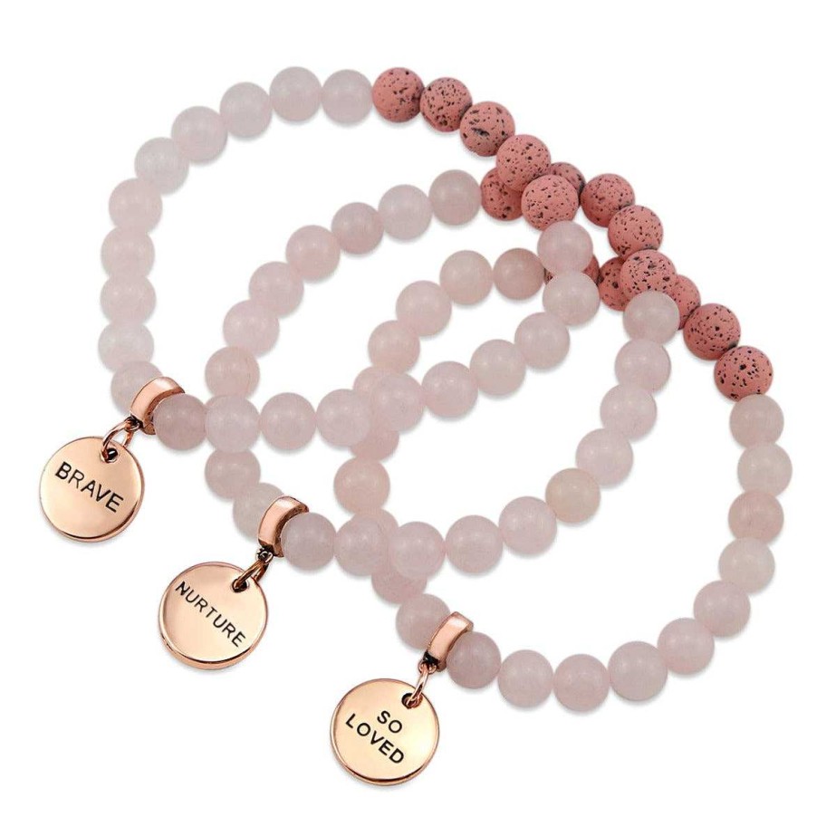 Jewellery Bracelets | Lava Stone Bracelet - 8Mm Rose Quartz Pink Lava Stone Beads - With Rose Gold Word Charm