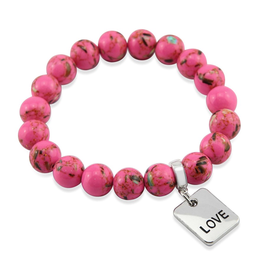 Jewellery Bracelets | Pink Collection - Hot Pink Synthesis 10Mm Bead Bracelet - Silver Word Charms