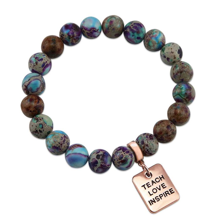 Jewellery Bracelets | Imperial Jasper Purple & Aqua Divine 10Mm Stone Bead Bracelet - With Rose Gold Word Charms