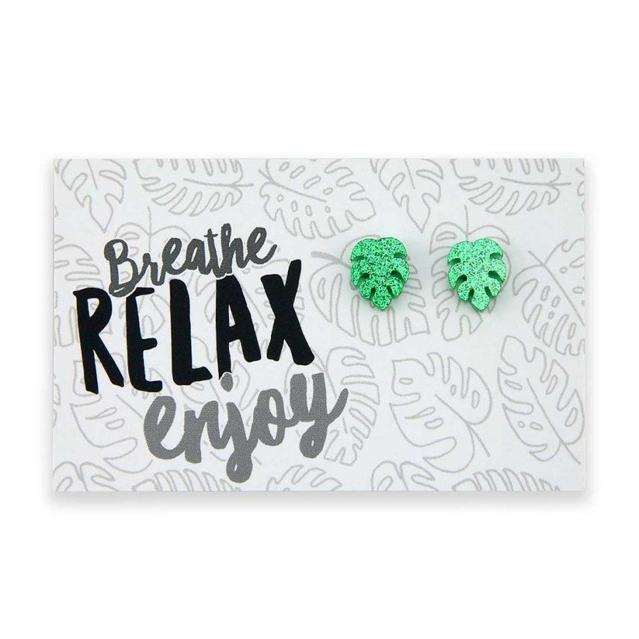 Jewellery 50% Off | Acrylic Glitter Monstera Studs - Breathe Relax Enjoy - Green Glitter (11931)