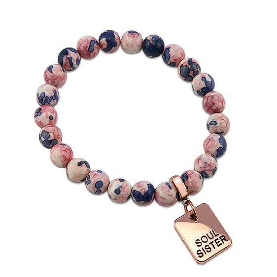 Jewellery Bracelets | Stone Bracelet - Raspberry & Navy Patch Agate Stone - 8Mm Beads With Rose Gold Word Charms