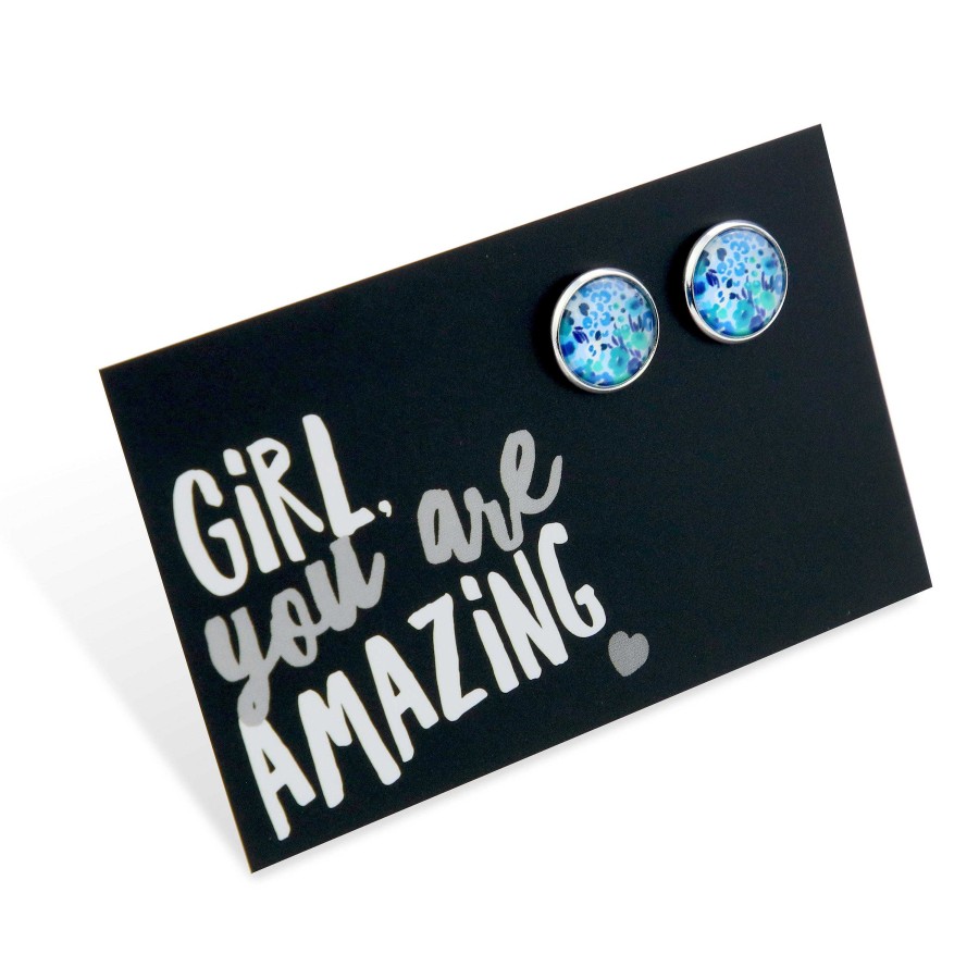 Jewellery Deluxe Stud Earrings | Teal Collection - Girl You Are Amazing - Bright Silver Surround Circle Studs - Fandango Blue (12065)