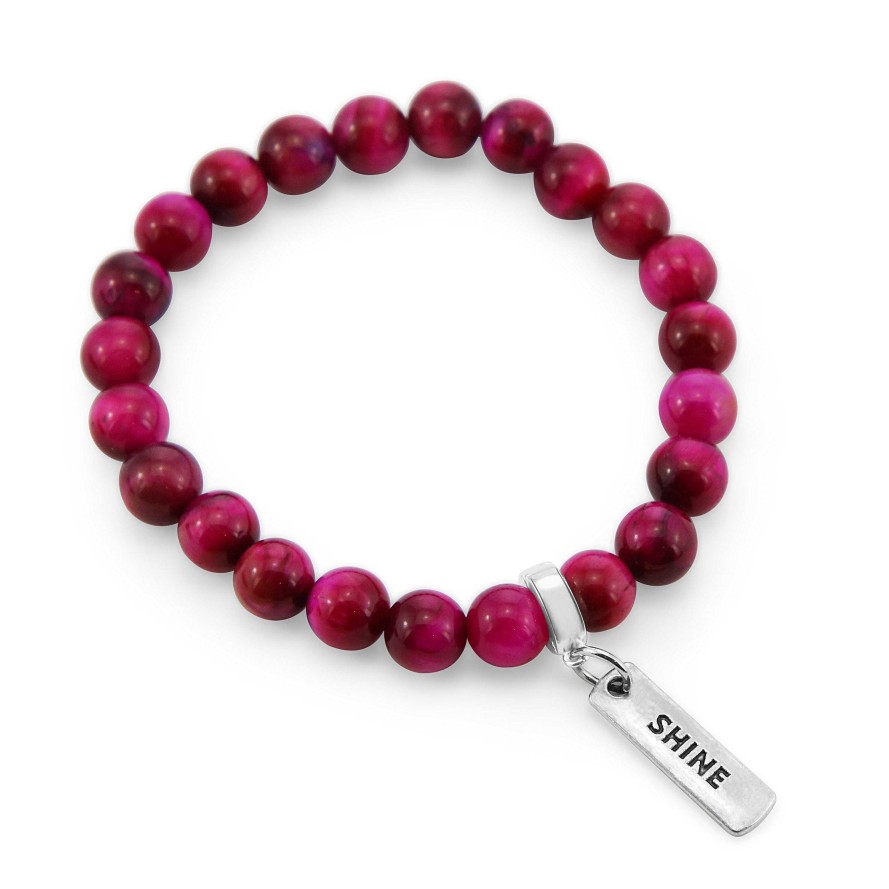 Jewellery Bracelets | Precious Stones - Bright Fuchsia Tigers Eye 8Mm Bead Bracelet - With Word Charms