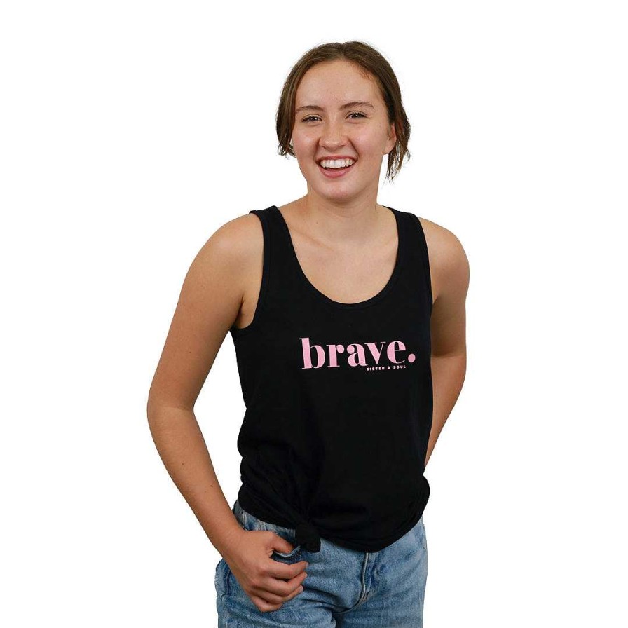 Apparel Tees Tanks & Totes | Brave - Black Tank - Pink Print