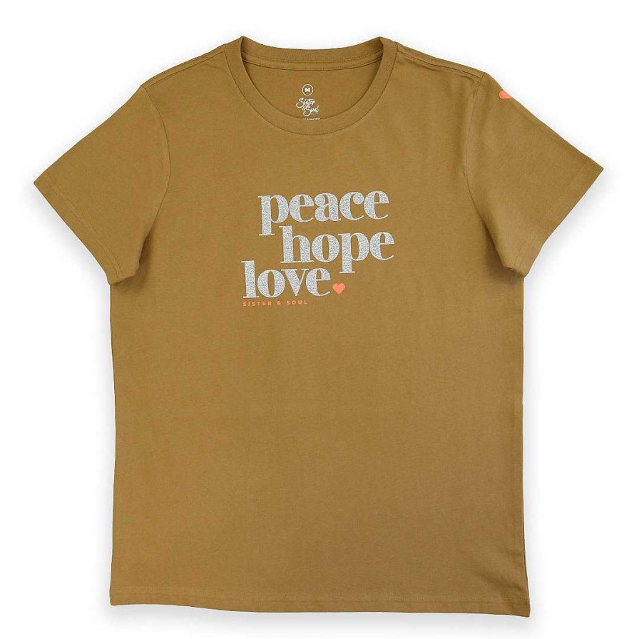 Apparel Tees Tanks & Totes | Peace Hope Love - Boxy Tee - Camel With Silver Glitter Print