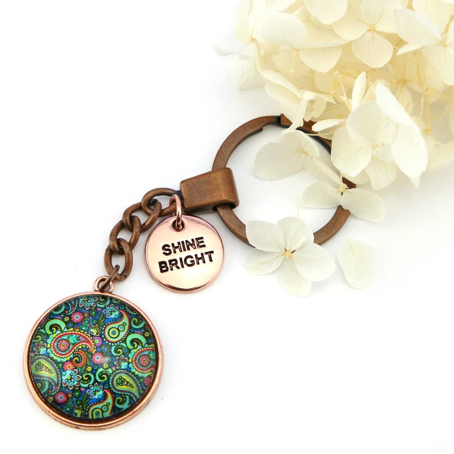 Accessories 50% Off | Spring - 'Shine Bright' - Vintage Copper Keyring - Green Paisley (10923)