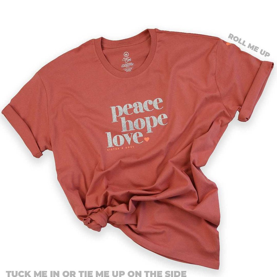 Apparel Tees Tanks & Totes | Peace Hope Love - Plus Size Long Boxy Tee - Dusted Coral With Silver Glitter Print