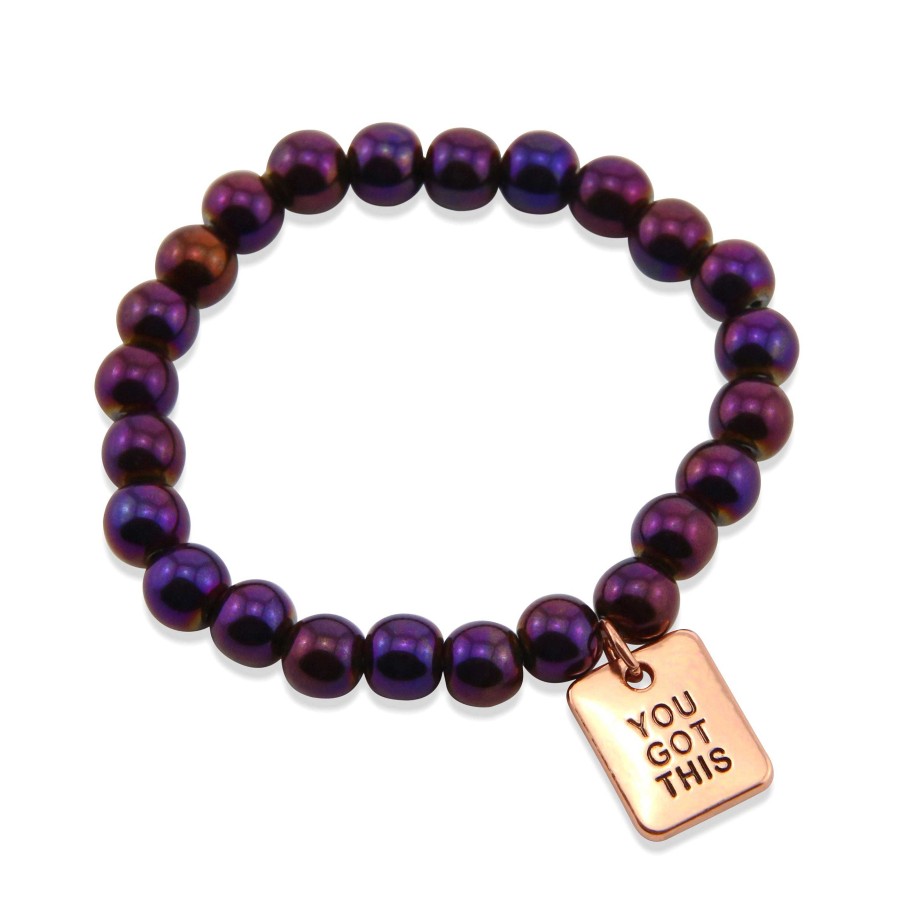 Jewellery Bracelets | The Strong Women Collection Hematite Bracelet 8Mm Beads With Word Charm - Purple Powerhouse