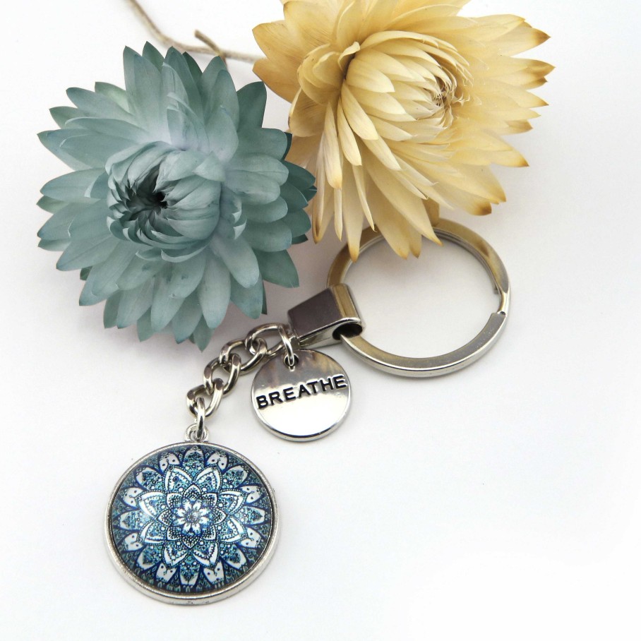 Accessories Papa Glewy | Heart And Soul - Vintage Silver Keyring With ' Breathe ' Charm - Floral Ice (11054)