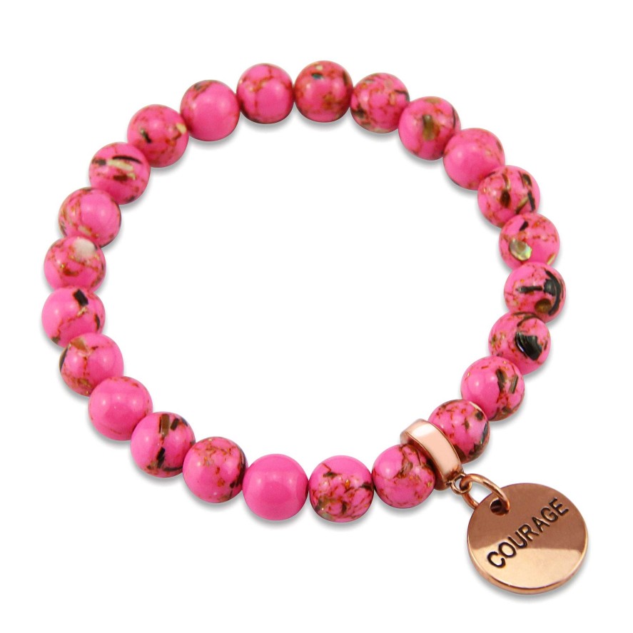 Jewellery Bracelets | Pink Collection - Hot Pink Synthesis 8Mm Bead Bracelet - Rose Gold Word Charms