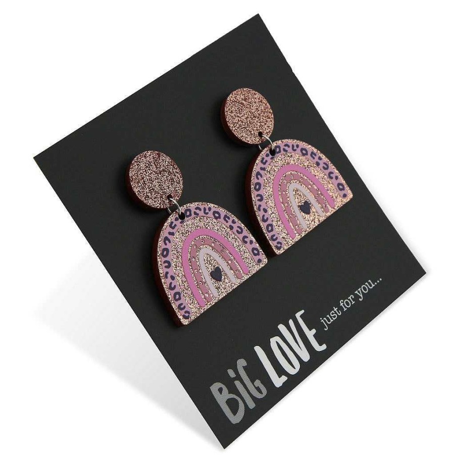 Jewellery Statement Earrings | Acrylic Glitter Rainbow Dangles - Big Love Just For You - Pink & Rose Gold (2403)