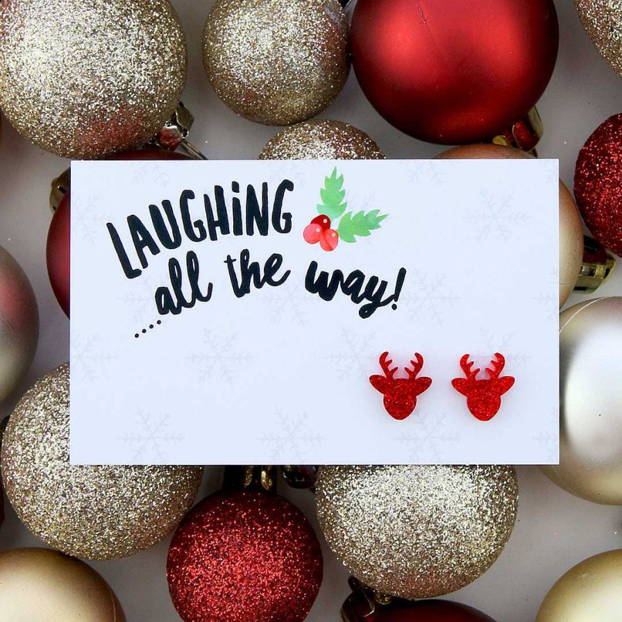 Jewellery Christmas | Sparkle Acrylic Studs Reindeer - Laughing All The Way - Red Glitter (9215-R)