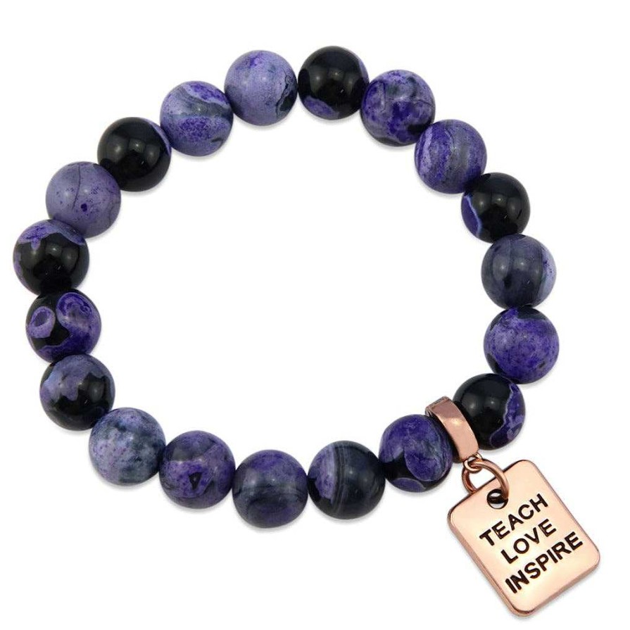 Jewellery Bracelets | Stone Bracelet - Purple Fire Agate Stone - 10Mm Beads With Rose Gold Word Charm