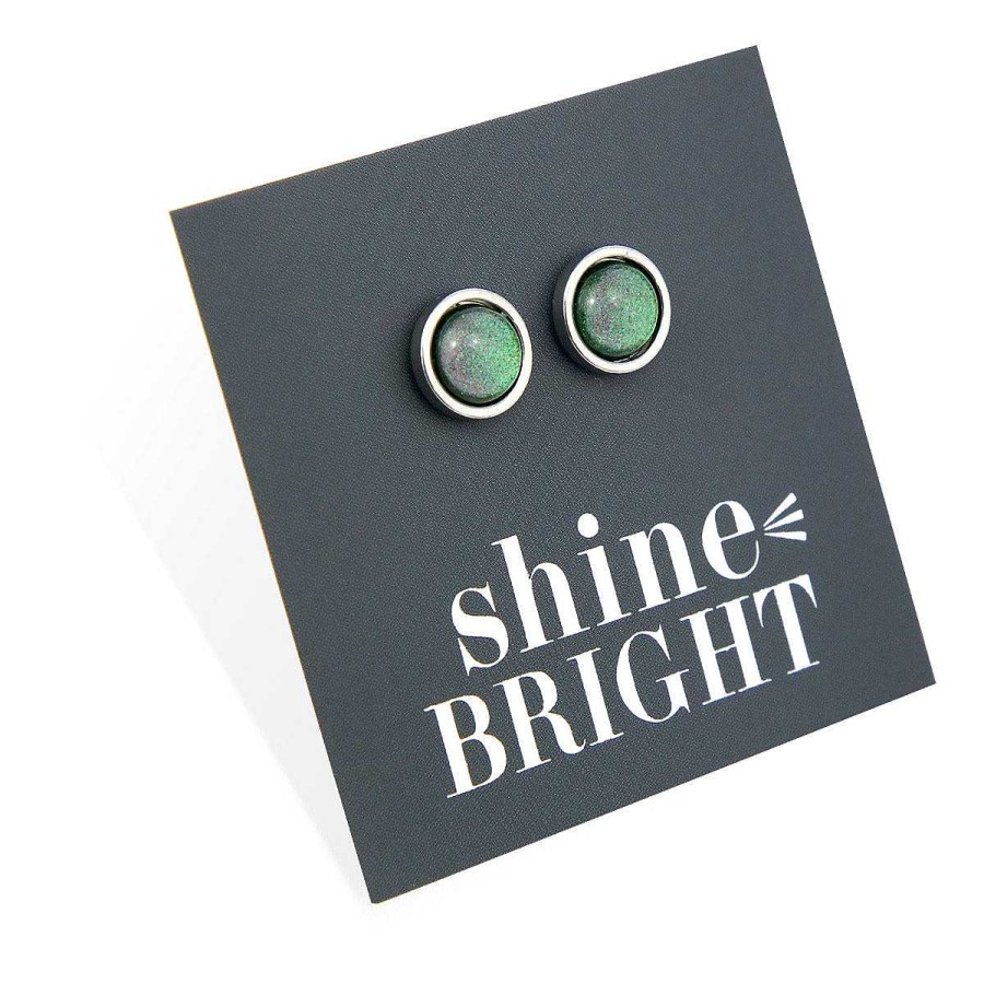 Jewellery Stainless Steel Circle Studs | Shine Bright - Silver Stainless Steel 8Mm Circle Studs - Green Shimmer (11221)