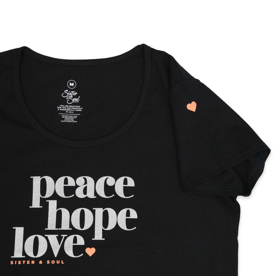 Apparel Tees Tanks & Totes | Peace Hope Love - Scoopy Tee - Black With Silver Glitter Print