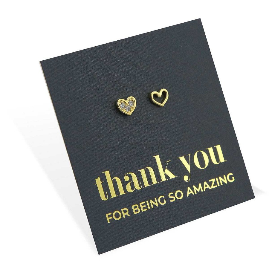 Jewellery Sterling Silver Studs | 2 Hearts - Gold Sterling Silver Studs + Cz - Thank You For Being So Amazing (2407-R)