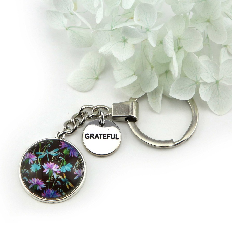 Accessories Papa Glewy | Wildflower Collection - Vintage Silver Keyring With 'Grateful' Charm - Dragonfly Grove (11331)