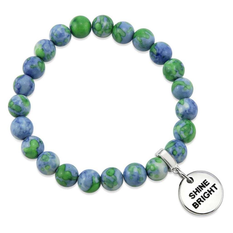 Jewellery Bracelets | Stone Bracelet - Blue & Lime Patch Agate Stone - 8Mm Beads With Silver Word Charm