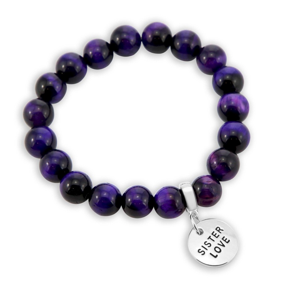 Jewellery Bracelets | Precious Stones - Deep Purple Tigers Eye 10Mm Bead Bracelet - With Word Charms (5008)