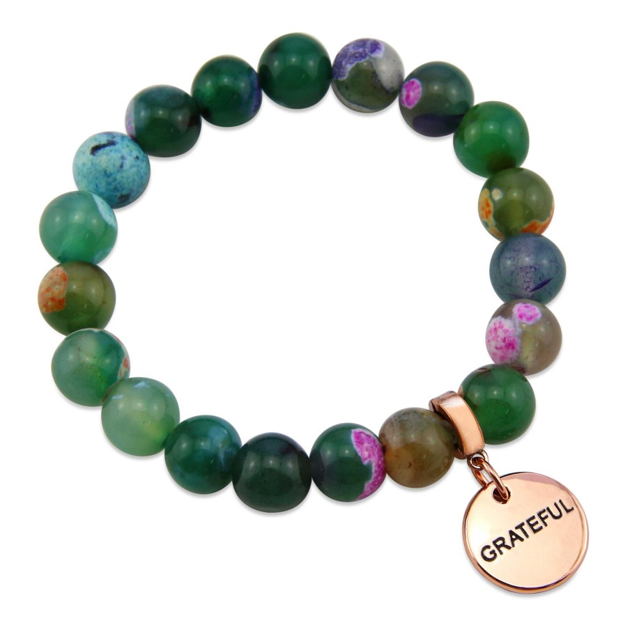 Jewellery Bracelets | Stone Bracelet - Green Fire Agate 10Mm Beads - With Rose Gold Word Charm