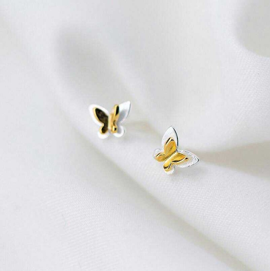 Jewellery Sterling Silver Studs | Butterfly Flutter Studs - 2 Tone Gold & Sterling Silver - You Are Amazing (2201-R)