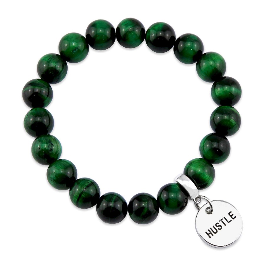 Jewellery Bracelets | Precious Stones - Green Tigers Eye 10Mm Bead Bracelet - With Word Charms