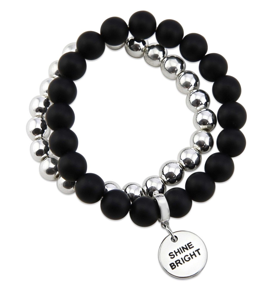 Jewellery Bracelets | Bracelet Duo! Silver & Matt Black Onyx Bead Bracelet Stacker Set - Shine Bright (12055)