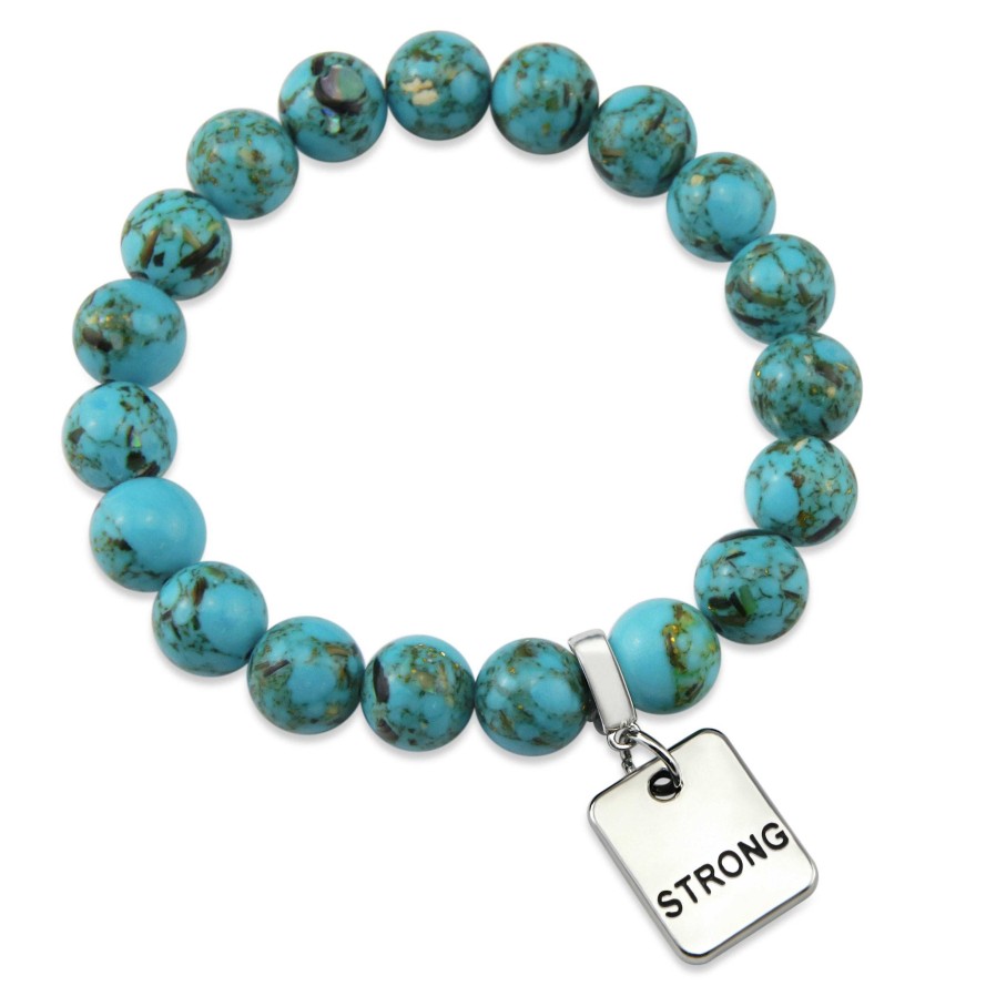 Jewellery Bracelets | Teal Collection Peacock Teal Synthesis 10Mm Stone Bead Bracelet - Silver Word Charms