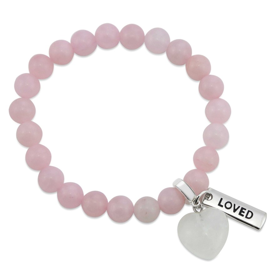 Jewellery Bracelets | Sweetheart Bracelet - 8Mm Rose Quartz Stone Beads With White Quartz Heart & Word Charm