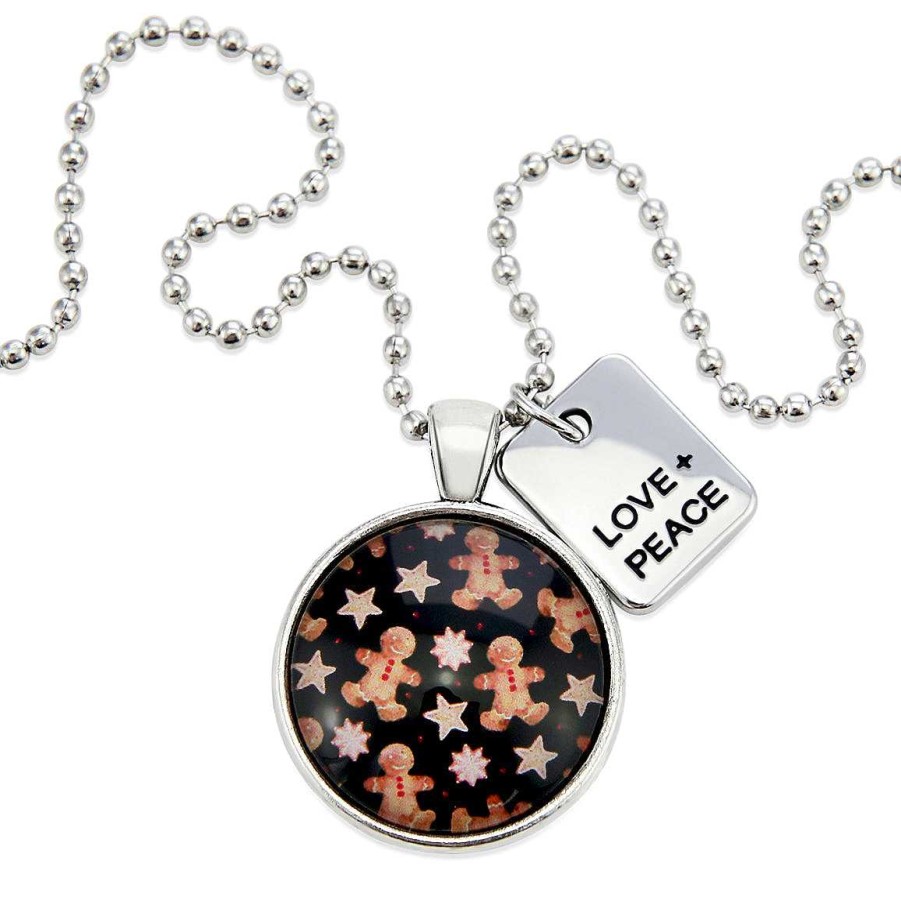 Jewellery Papa Glewy | Christmas - Vintage Silver 'Love + Peace' Necklace - Gingerbread Black - (10752)