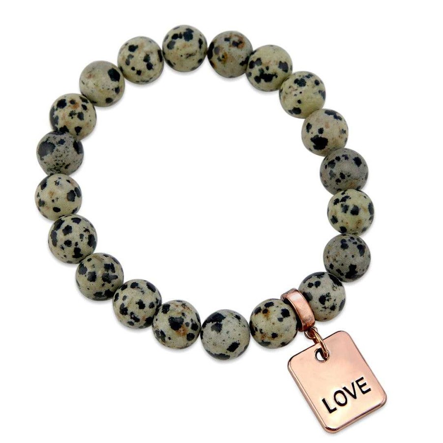 Jewellery Bracelets | Stone Bracelet - Dalmatian Stone - 10Mm Beads With Rose Gold Word Charm